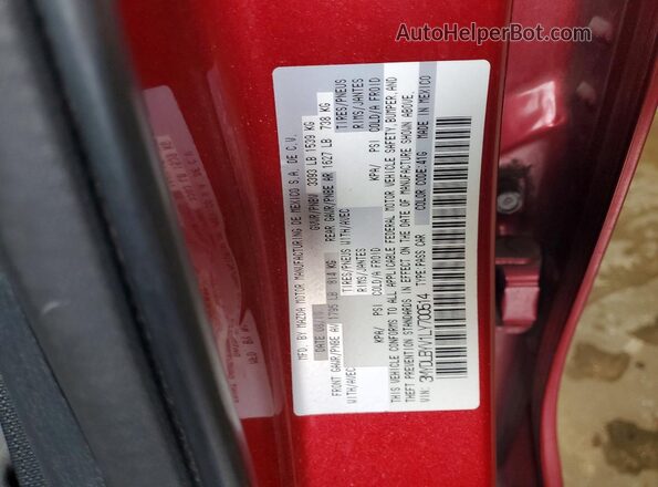 3MYDLBYV1LY700514 2020 TOYOTA YARIS Red Widok naklejki z numerem VIN