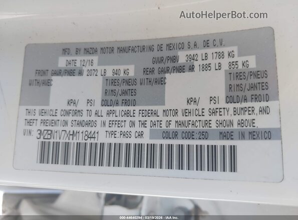 3MZBN1V7XHM118441 2017 MAZDA 3 White Widok komory silnika