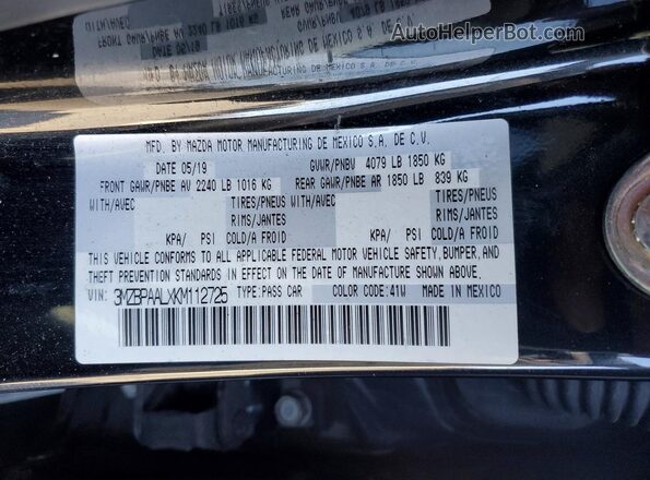 3MZBPAALXKM112725 2019 MAZDA 3 Black 