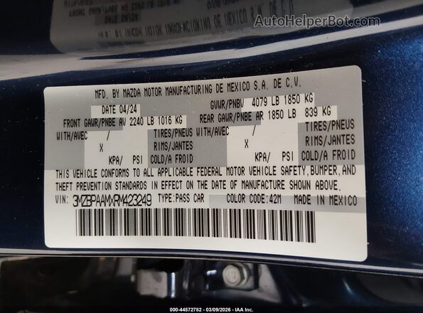 3MZBPAAMXRM423249 2024 MAZDA 3 Синий Вид подкапотного пространства