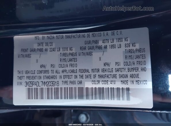3MZBPADL7MM203918 2021 MAZDA 3 Black ძრავის განყოფილების ხედი
