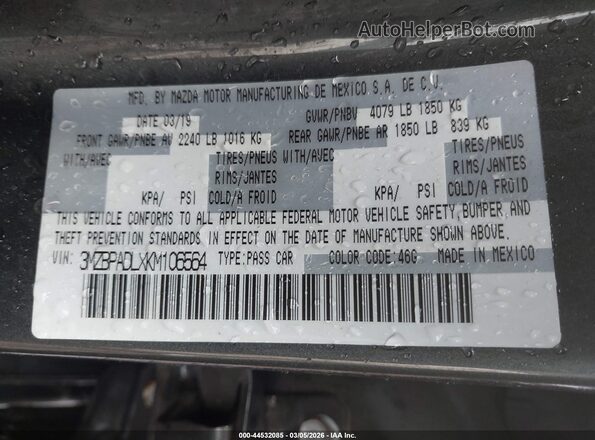 3MZBPADLXKM106564 2019 MAZDA 3 Gray ძრავის განყოფილების ხედი