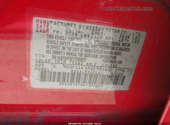 3N1AB7AP0GY305603 2016 NISSAN SENTRA Красный Вид подкапотного пространства