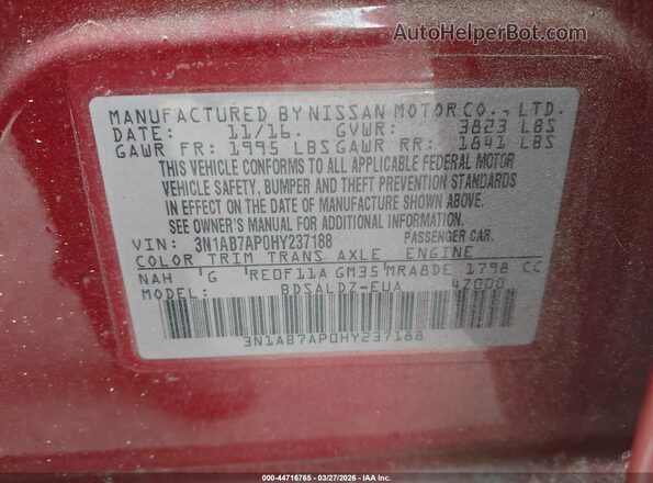 3N1AB7AP0HY237188 2017 NISSAN SENTRA Burgundy ძრავის განყოფილების ხედი