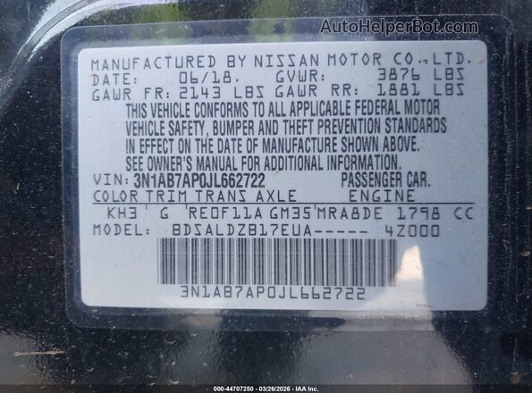 3N1AB7AP0JL662722 2018 NISSAN SENTRA Black Vista del compartimento del motor