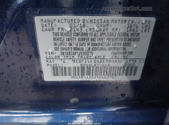 3N1AB7AP1JY266270 2018 NISSAN SENTRA Синий Вид подкапотного пространства