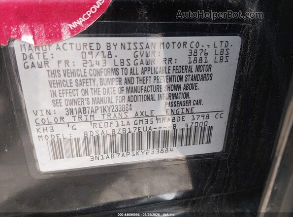 3N1AB7AP1KY233884 2019 NISSAN SENTRA Black 