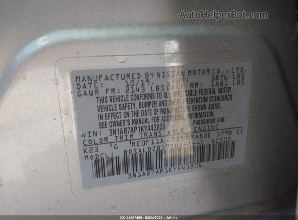 3N1AB7AP1KY443806 2019 NISSAN SENTRA Silver Շարժիչի բաժամունքի տեսք