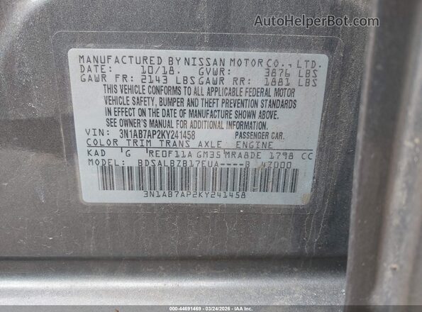 3N1AB7AP2KY241458 2019 NISSAN SENTRA Gray Engine compartment view