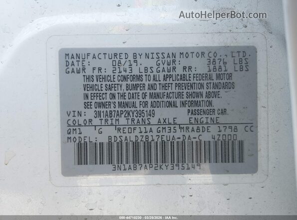 3N1AB7AP2KY395149 2019 NISSAN SENTRA White 