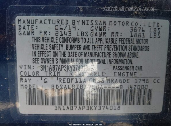 3N1AB7AP3KY374018 2019 NISSAN SENTRA Blue Engine compartment view