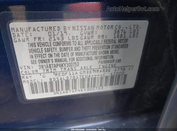 3N1AB7AP4KY300753 2019 NISSAN SENTRA Blue 