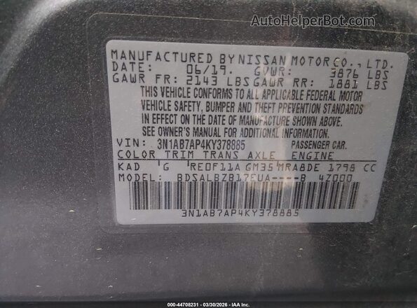 3N1AB7AP4KY378885 2019 NISSAN SENTRA Silver Вид підкапотного простору