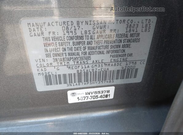 3N1AB7AP5HY397485 2017 NISSAN SENTRA Gray Vista del compartimento del motor