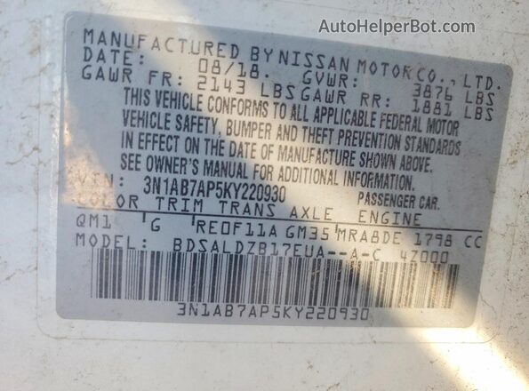 3N1AB7AP5KY220930 2019 NISSAN SENTRA White Շարժիչի բաժամունքի տեսք
