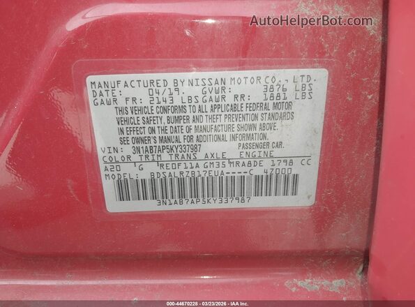 3N1AB7AP5KY337987 2019 NISSAN SENTRA Red 