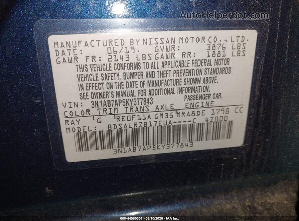 3N1AB7AP5KY377843 2019 NISSAN SENTRA Blue ძრავის განყოფილების ხედი