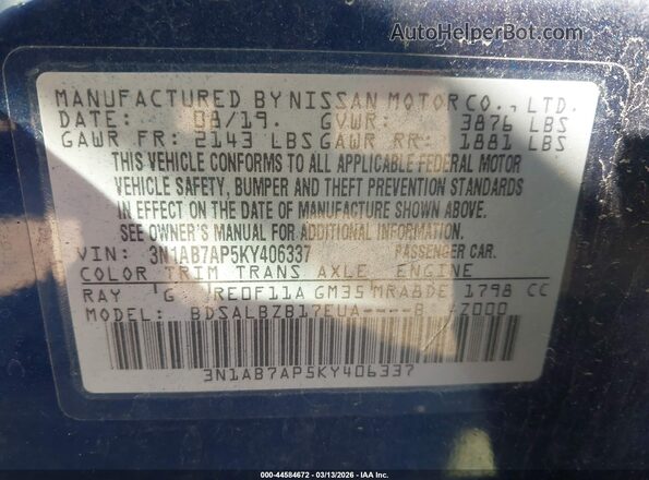3N1AB7AP5KY406337 2019 NISSAN SENTRA Blue 