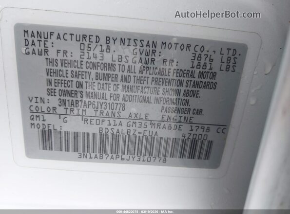 3N1AB7AP6JY310778 2018 NISSAN SENTRA White Vista del compartimento del motor