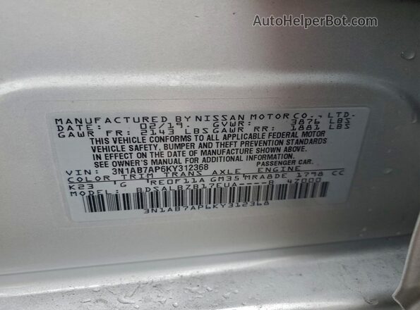 3N1AB7AP6KY312368 2019 NISSAN SENTRA Silver 