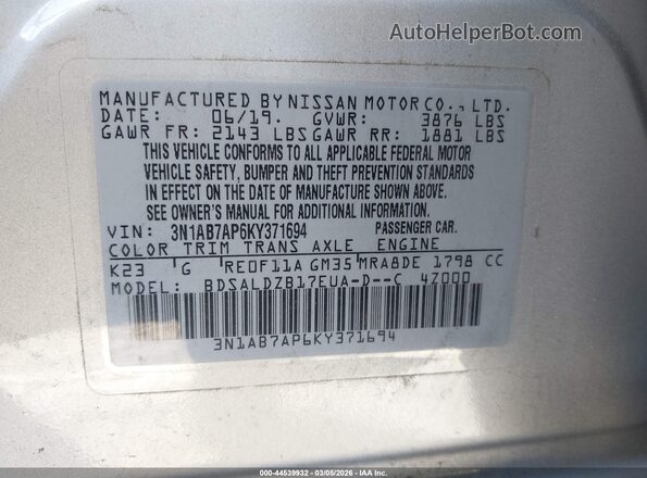3N1AB7AP6KY371694 2019 NISSAN SENTRA Silver 