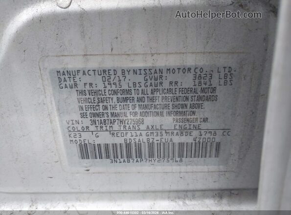 3N1AB7AP7HY275968 2017 NISSAN SENTRA Серебряный Вид подкапотного пространства