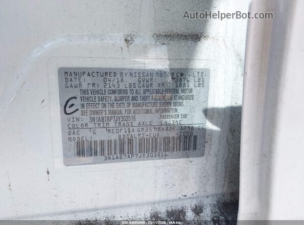 3N1AB7AP7JY303516 2018 NISSAN SENTRA Белый Вид подкапотного пространства