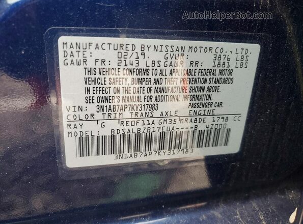 3N1AB7AP7KY317983 2019 NISSAN SENTRA Blue 