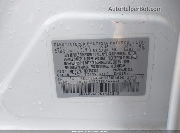 3N1AB7AP7KY457340 2019 NISSAN SENTRA White Շարժիչի բաժամունքի տեսք