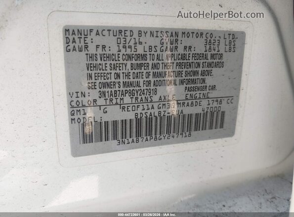 3N1AB7AP8GY247918 2016 NISSAN SENTRA White Вид підкапотного простору