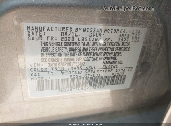 3N1AB7AP8GY332452 2016 NISSAN SENTRA Gray Շարժիչի բաժամունքի տեսք