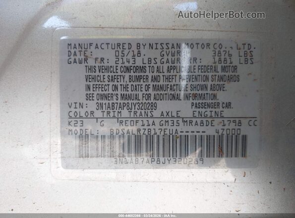 3N1AB7AP8JY320289 2018 NISSAN SENTRA Серебряный Вид подкапотного пространства