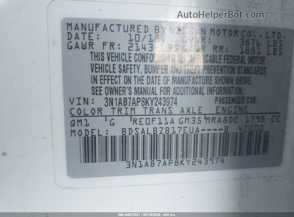 3N1AB7AP8KY243974 2019 NISSAN SENTRA Белый Вид подкапотного пространства