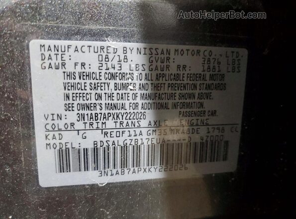 3N1AB7APXKY222026 2019 NISSAN SENTRA Silver VIN կոդի պիտակի տեսք