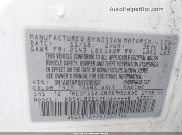 3N1AB7APXKY266933 2019 NISSAN SENTRA Белый Вид подкапотного пространства
