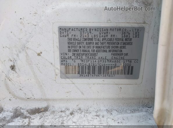 3N1AB7APXKY389857 2019 NISSAN SENTRA Белый 