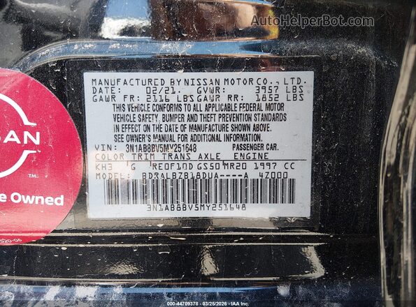 3N1AB8BV5MY251648 2021 NISSAN SENTRA Black Widok komory silnika