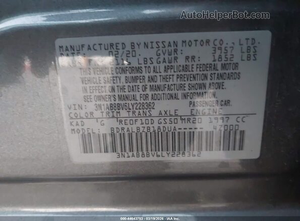 3N1AB8BV6LY228362 2020 NISSAN SENTRA Gray 