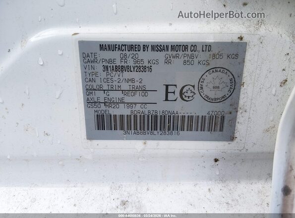 3N1AB8BV8LY283816 2020 NISSAN SENTRA White Widok komory silnika