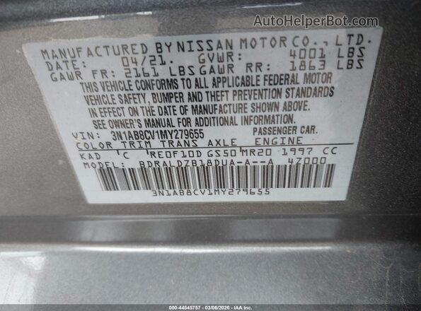 3N1AB8CV1MY279655 2021 NISSAN SENTRA Gray Widok komory silnika
