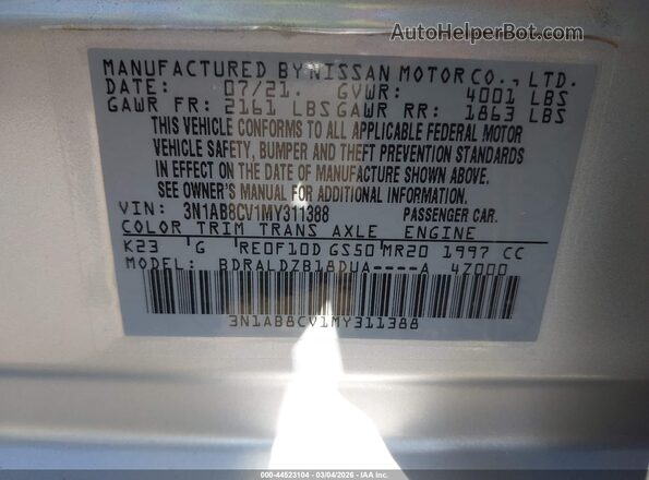 3N1AB8CV1MY311388 2021 NISSAN SENTRA Silver ძრავის განყოფილების ხედი