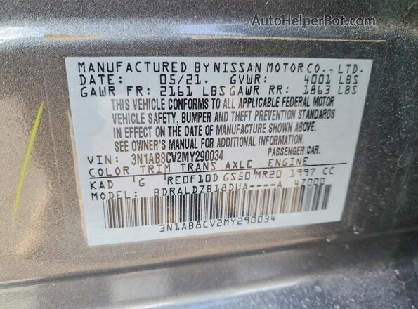 3N1AB8CV2MY290034 2021 NISSAN SENTRA Gray ძრავის განყოფილების ხედი