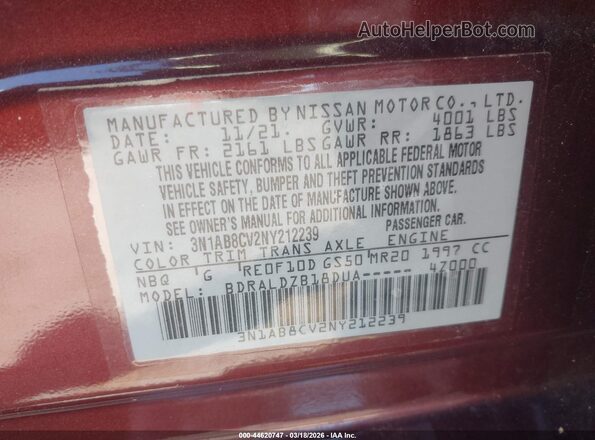 3N1AB8CV2NY212239 2022 NISSAN SENTRA Burgundy Engine compartment view