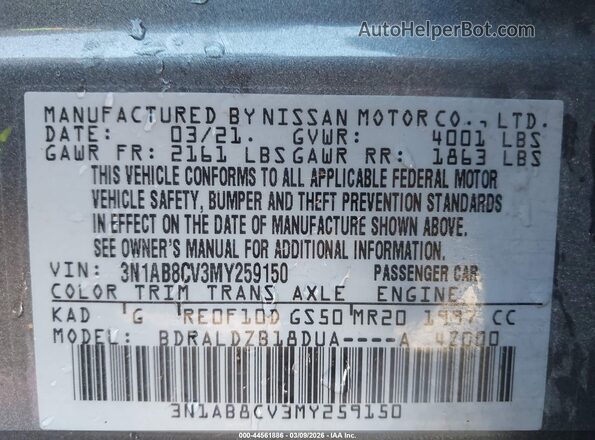 3N1AB8CV3MY259150 2021 NISSAN SENTRA Gray ძრავის განყოფილების ხედი