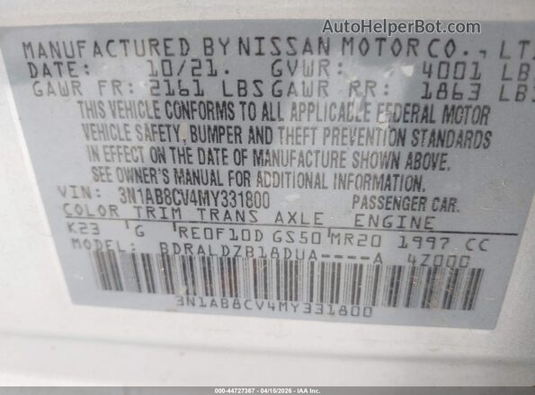 3N1AB8CV4MY331800 2021 NISSAN SENTRA Silver Widok komory silnika