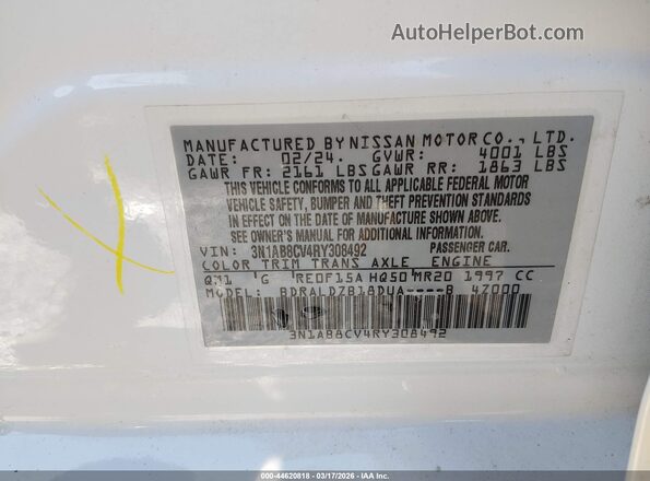 3N1AB8CV4RY308492 2024 NISSAN SENTRA White ძრავის განყოფილების ხედი