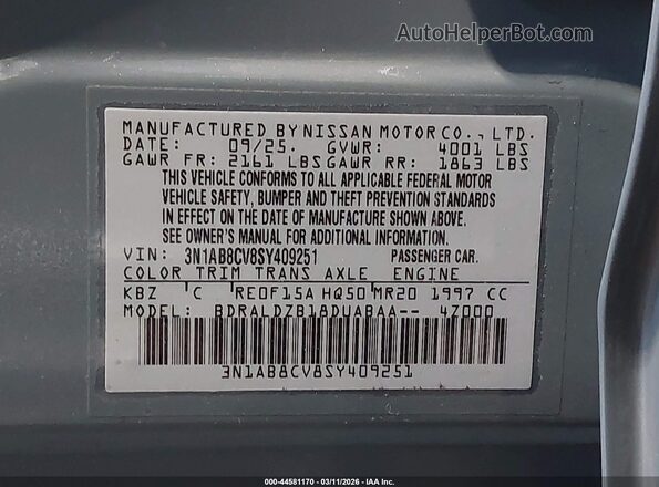 3N1AB8CV8SY409251 2025 NISSAN SENTRA Blue 