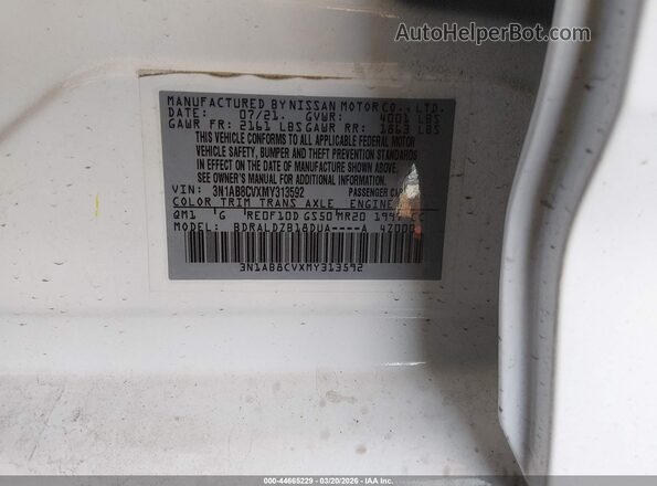 3N1AB8CVXMY313592 2021 NISSAN SENTRA Белый Вид подкапотного пространства