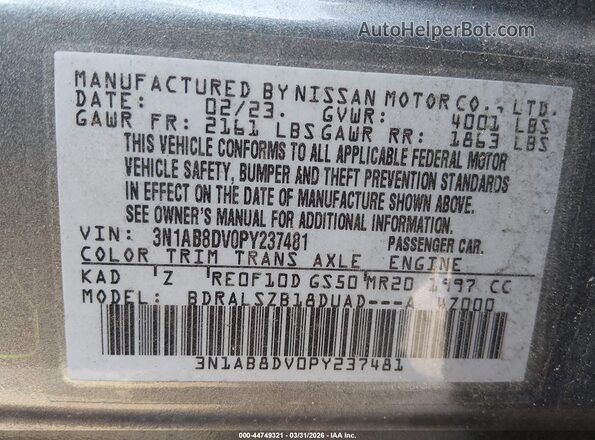 3N1AB8DV0PY237481 2023 NISSAN SENTRA Gray Շարժիչի բաժամունքի տեսք