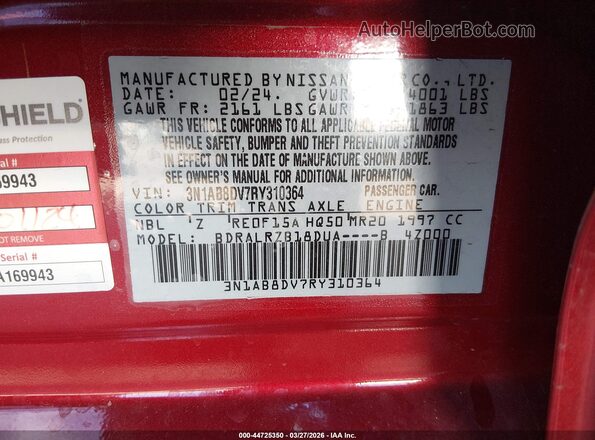 3N1AB8DV7RY310364 2024 NISSAN SENTRA Красный Вид подкапотного пространства